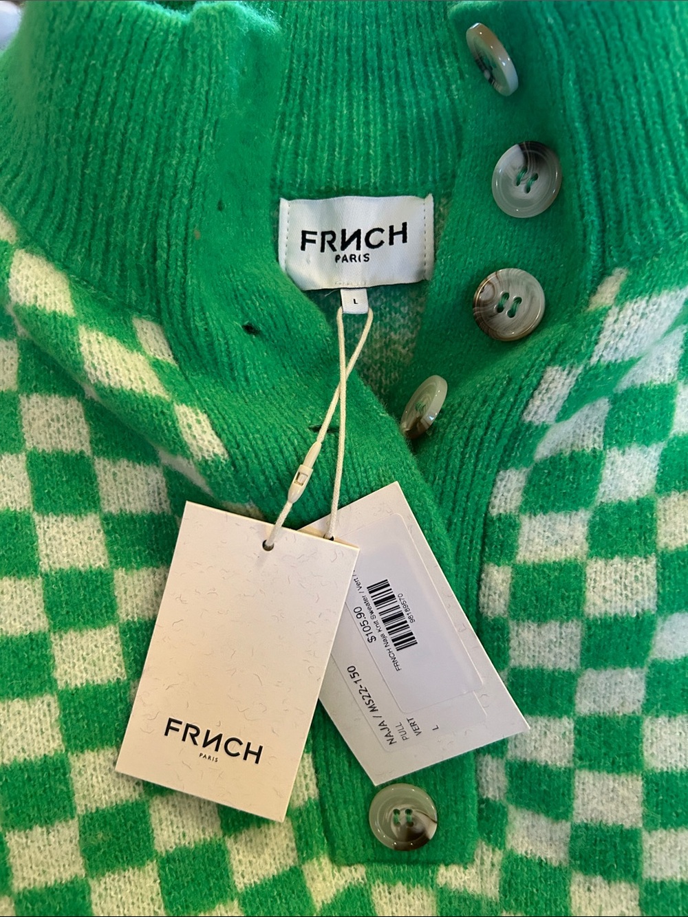 FRNCH Green and White Checkerboard Turtleneck Pullover - Picture 2 of 2